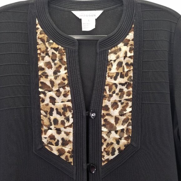 MISOOK Long Cardigan Jacket Women's L Black Leopard Trim Button Up Textured Knit - Picture 4 of 13